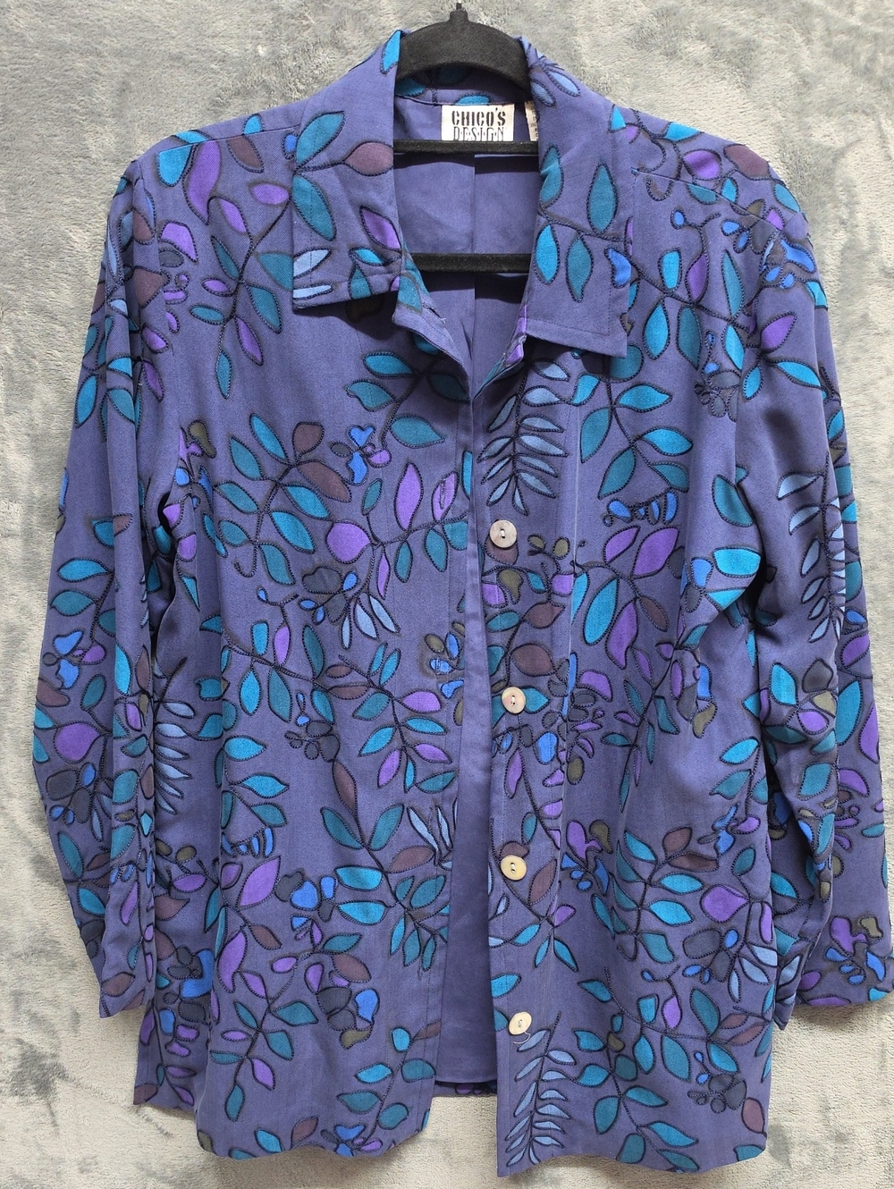 Chico's  Blue vintage Leaf-Print Button Front Jacket  sz 1(Med)